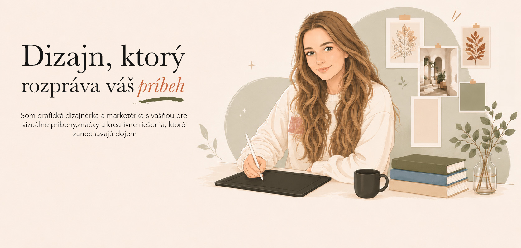 Ilustrácia — Viktória kreslí na grafickom tablete pri stole s knihami a rastlinami